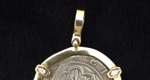 Authentic Atocha Silver Coin, Grade 1, 4 Reales, Rare Mint, Mounted in 14K Gold with Diamonds