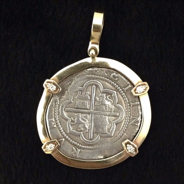Authentic Atocha Silver Coin, Grade 1, 4 Reales, Rare Mint, Mounted in 14K Gold with Diamonds