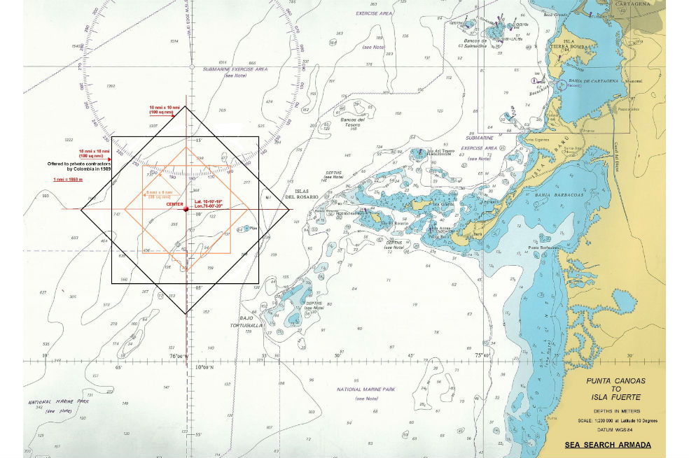 El mapa de la propuesta de verificación reducida que ahora propone la firma norteamericana Sea Search Armada en la zona donde fue encontrado el galeón San José.